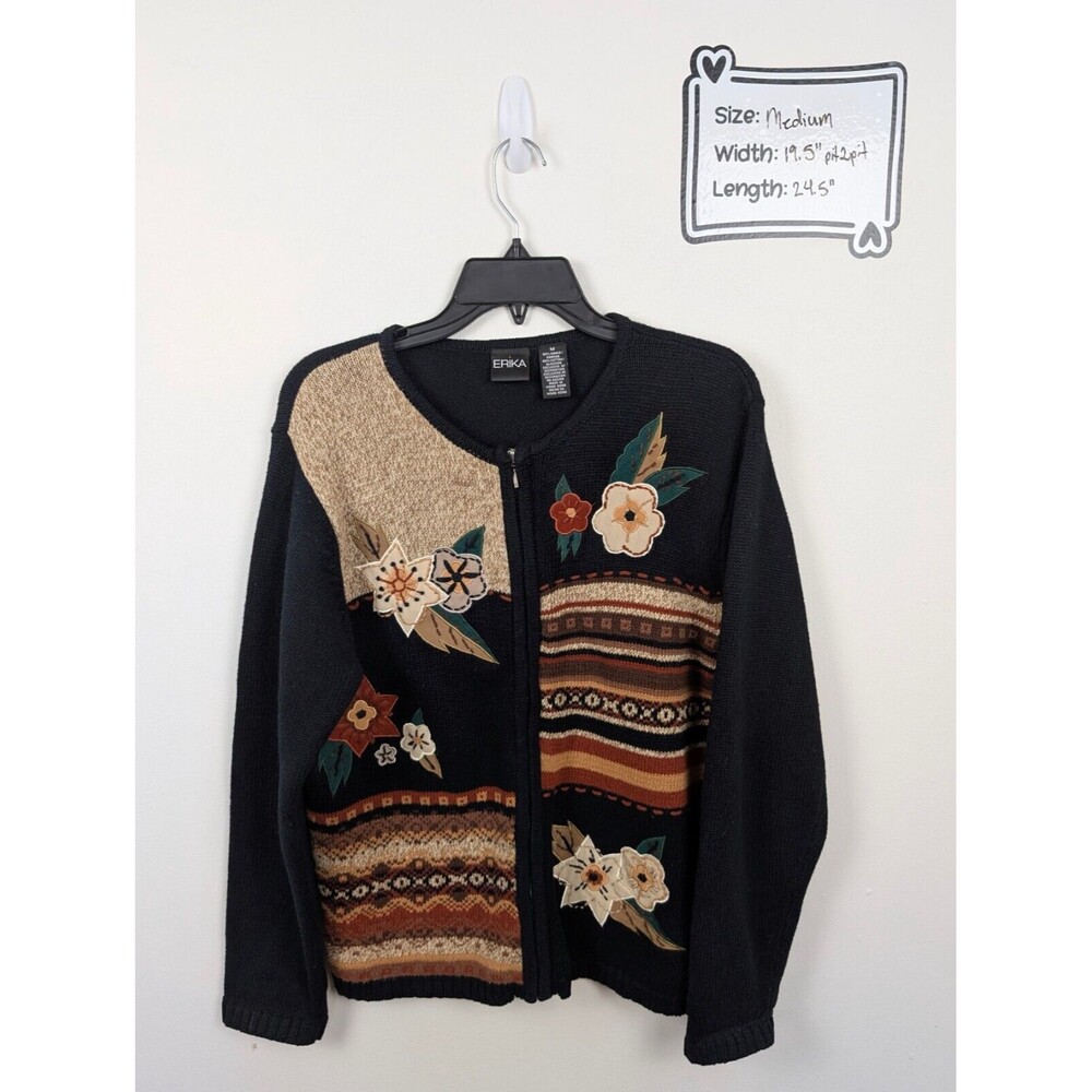 VTG Erika Floral Applique Grandma Cardigan Sweater Cottage Core - Medium